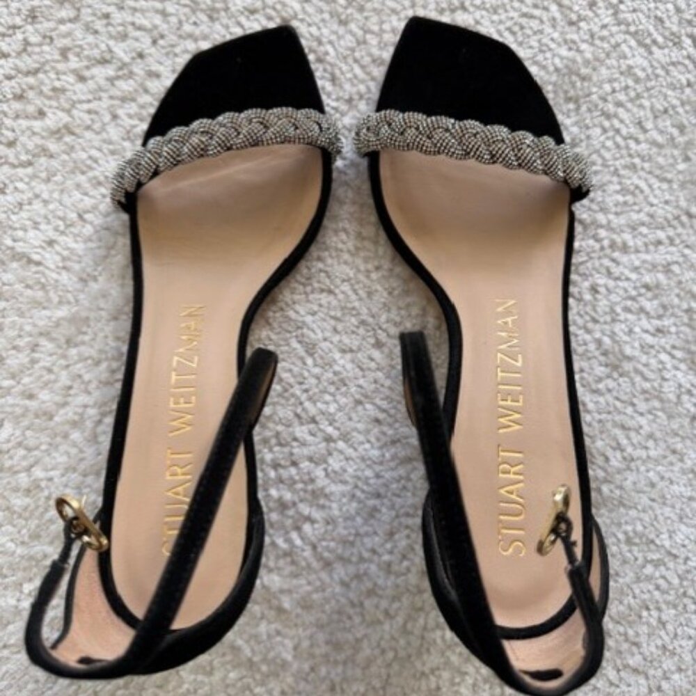 NWT Stuart Weitzman Women's Suede Ankle Strap Jeweled Sandal Heels Black 6.5